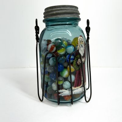 Sale Photo Thumbnail #333: BALL GLASS JAR AND MARBLES, 1920