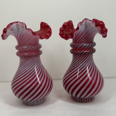 Sale Photo Thumbnail #547: FENTON CRANBERRY OPALESCENT VASES, 20TH CENTURY