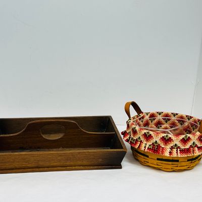 Sale Photo Thumbnail #250: LONGABERGER BASKET AND WOODEN TRAY, CIRCA 1997