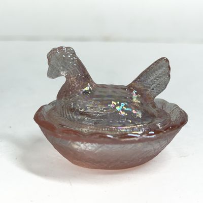 Sale Photo Thumbnail #295: BOYD PINK IRIDESCENT GLASS HEN ON NEST