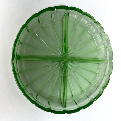Sale Photo Thumbnail #381: Vintage Green Uranium Depression Glass Round Divided Relish Dish