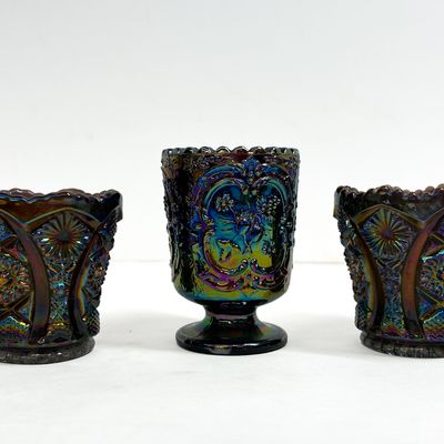 Sale Photo Thumbnail #509: FENTON AMETHYST CARNIVAL GLASS TRIO, 1970-1980