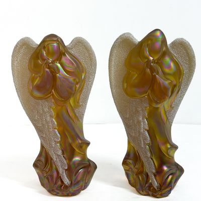 Sale Photo Thumbnail #541: FENTON PAIR AUTUMN GOLD GLASS ANGELS 1990S