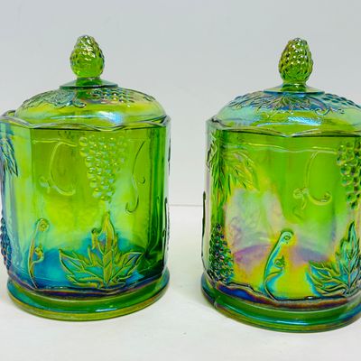 Sale Photo Thumbnail #232: INDIANA GLASS GREEN CARNIVAL CANISTERS, 1970S