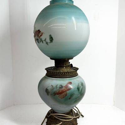 Sale Photo Thumbnail #559: PLUME & ATWOOD PAINTED GLASS LAMP, CIRCA 1890
