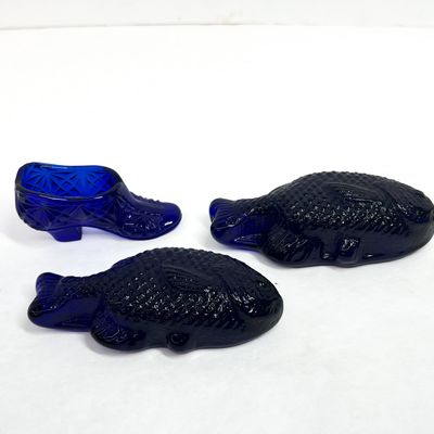 Sale Photo Thumbnail #361: BOYD COBALT GLASS SLIPPER AND FISH, 1983-1988