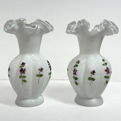 Sale Photo Thumbnail #370: FENTON VIOLETS IN THE SNOW VASES