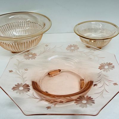 Sale Photo Thumbnail #49: JEANNETTE PINK DEPRESSION GLASS TRIO, 1930S