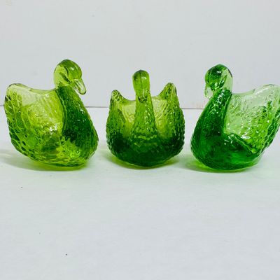 Sale Photo Thumbnail #66: BOYD GREEN GLASS SWAN TRIO, VINTAGE