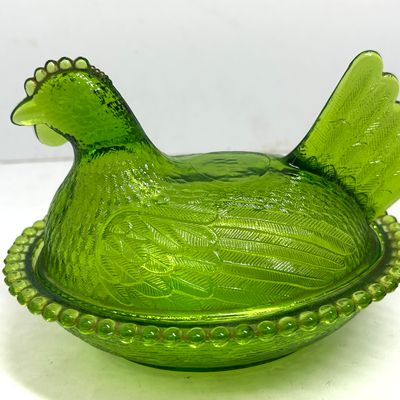 Sale Photo Thumbnail #229: INDIANA GLASS GREEN HEN ON NEST, CIRCA 1970