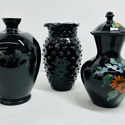 Sale Photo Thumbnail #59: TRIO OF BLACK AMETHYST GLASS VESSELS, MID-20TH CENTURY
