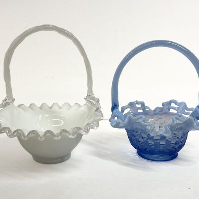 Sale Photo Thumbnail #372: Two Fenton Art Glass Baskets in Silver Crest and Blue Opalescent Basket Weave