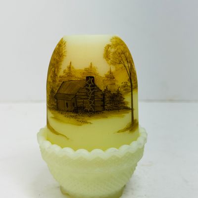 Sale Photo Thumbnail #190: FENTON LOG CABIN CUSTARD FAIRY LAMP