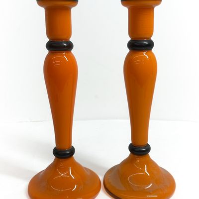 Sale Photo Thumbnail #549: CZECH TANGO GLASS CANDLESTICKS, CIRCA 1920
