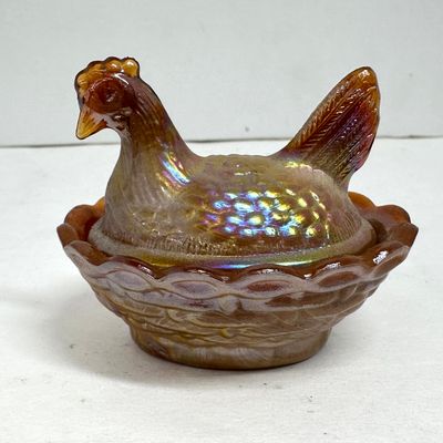 Sale Photo Thumbnail #70: MINI BOYD MARIGOLD CARNIVAL GLASS HEN