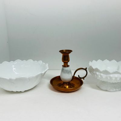 Sale Photo Thumbnail #48: FENTON MILK GLASS METALWARE TRIO VINTAGE