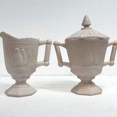 Sale Photo Thumbnail #363: Westmoreland Pink Milk Glass Baltimore Pear Creamer and Lidded Sugar Bowl