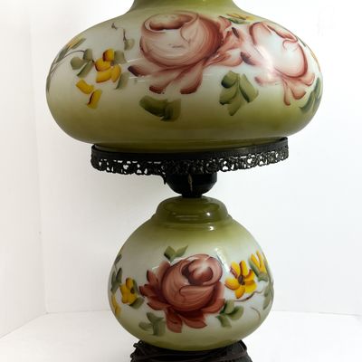 Sale Photo Thumbnail #376: Vintage Hand Painted Gone with the Wind Style Glass Hurricane Table Lamp