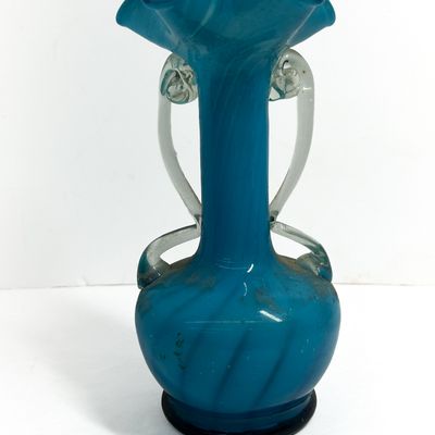Sale Photo Thumbnail #480: TURQUOISE ART GLASS DOUBLE HANDLED VASE