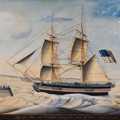 Sale Photo Thumbnail #183: American School Watercolor and Gouache Brig Lima Entering the Port of Havre, 19th Century