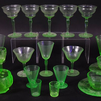 Sale Photo Thumbnail #48: Collection of 20+ Pieces of Green Uranium Vaseline Glass Tableware