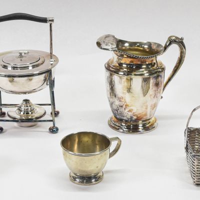 Sale Photo Thumbnail #215: Group of 7 Assorted Silver-Plated and Aluminum Decorative Objects Incl Mappin and Webb Spirit Kettle