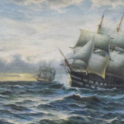 Sale Photo Thumbnail #191: J. Clark Oil on Board Maritime Scene with Sailing Ships