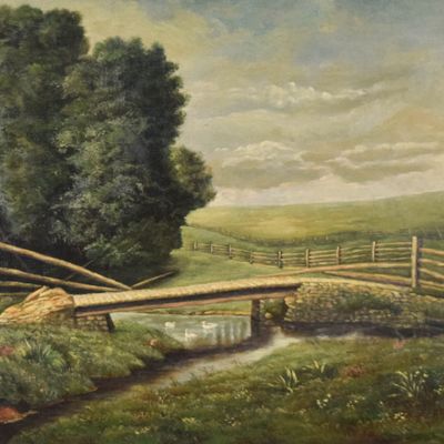 Sale Photo Thumbnail #5: Signed Oil on Canvas Rural Landscape with Footbridge and Ducks