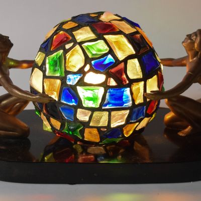 Sale Photo Thumbnail #281: Art Deco Figural Bronze-Patinated Metal and Chunk Glass Mosaic Table Lamp