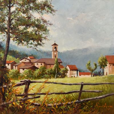 Sale Photo Thumbnail #24: Renato Aime Oil on Board Village Landscape