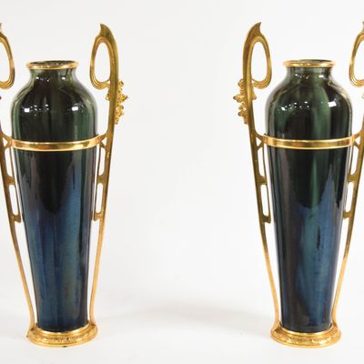 Sale Photo Thumbnail #139: A Pair of Egyptian Revival Gilt Metal Mounted Glazed Ceramic Vases