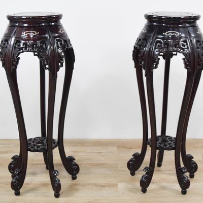 Sale Photo Thumbnail #302: Pair of Chinese Rosewood and Mother-of-Pearl Inlaid Pedestal Stands