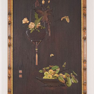 Sale Photo Thumbnail #297: Japanese Meiji Period Shibayama Inlaid Wood Panel in Gilt Faux Bamboo Frame