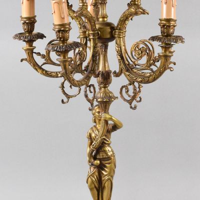 Sale Photo Thumbnail #140: Ten-Light Gilt Metal and Marble Figural Candelabra Lamp