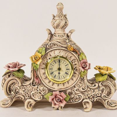 Sale Photo Thumbnail #158: Large Porcelain Floral Encrusted Mantel Clock with Kienzle Quartz Movement
