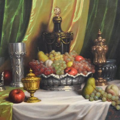 Sale Photo Thumbnail #19: John (Jeno) Friedlinger Oil on Canvas Still Life with Fruit and Ornate Silver