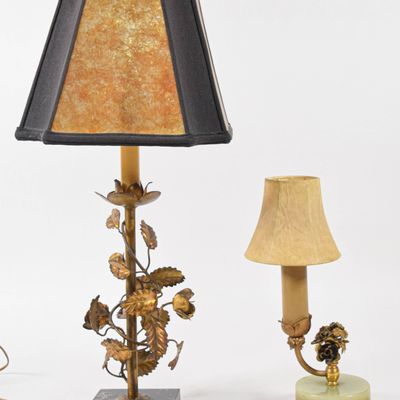 Sale Photo Thumbnail #149: Set of 2 Gilt Metal Floral Table Lamps with Stone Bases