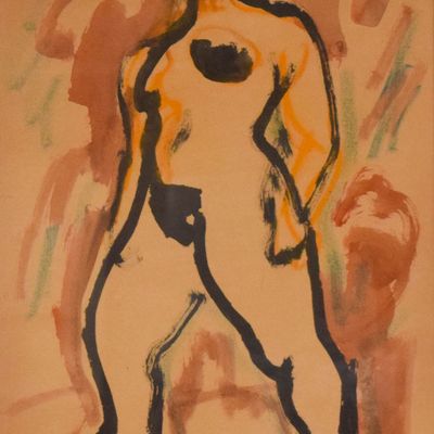 Sale Photo Thumbnail #88: Earl Kerkam Ink and Wash on Paper Standing Female Nude