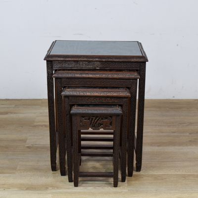 Sale Photo Thumbnail #301: Set of 4 Chinese Carved Wood Nesting Tables with Inset Glass Tops