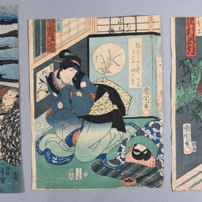 Sale Photo Thumbnail #326: Group of 3 Japanese Woodblocks by Utagawa Kunisada & Utagawa Kuniyoshi (19th Century)