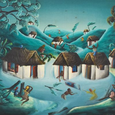 Sale Photo Thumbnail #41: Bourmond Byron Oil on Masonite Haitian Village Storm Scene