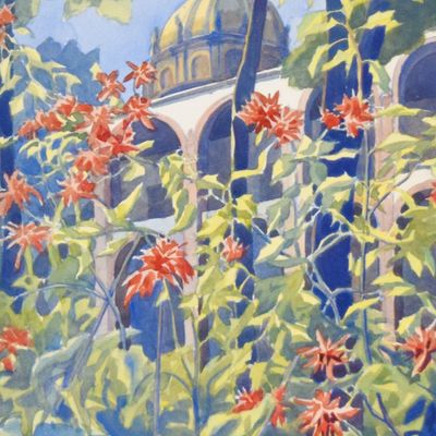Sale Photo Thumbnail #83: Rosamond Campbell Watercolor on Paper Garden Scene with Domed Building