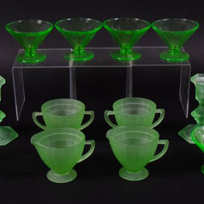 Sale Photo Thumbnail #47: Collection of 20+ Pieces of Uranium Glass and Frosted Green Depression Glass Tableware