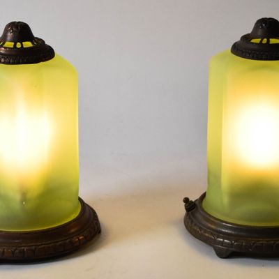Sale Photo Thumbnail #282: Pair of Antique Green Frosted Satin Glass Motion Table Lamps