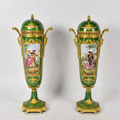 Sale Photo Thumbnail #137: A Pair of Sevres-Style Gilt-Bronze Mounted Porcelain Lidded Urns