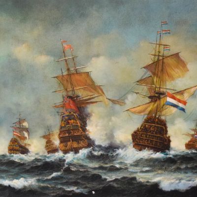 Sale Photo Thumbnail #186: Robert Sanders Oil on Canvas Naval Engagement