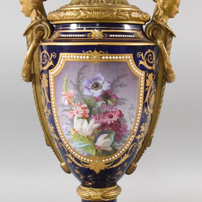 Sale Photo Thumbnail #131: Large French Gilt Bronze Mounted Cobalt Blue Porcelain Amphora Vase