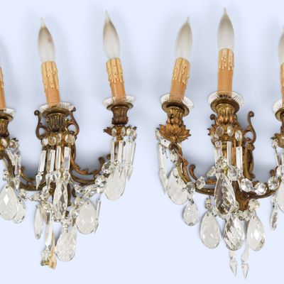 Sale Photo Thumbnail #143: A Pair of French Style Bronze and Crystal Three-Light Wall Sconces