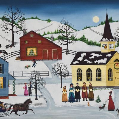 Sale Photo Thumbnail #10: Linda Nelson Stocks Acrylic on Canvas Winter Christmas Village Scene