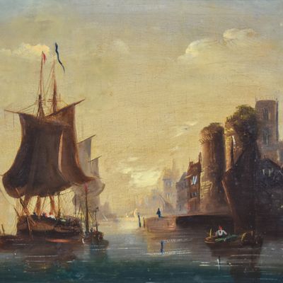 Sale Photo Thumbnail #190: James Holland Oil on Canvas Harbor Scene